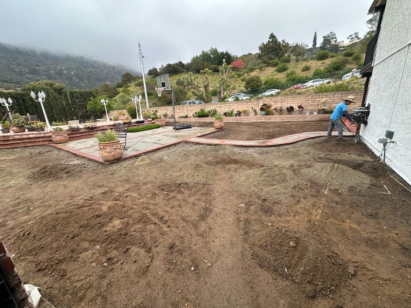 Backyard transformation in progress with Hollywood Sign views.
