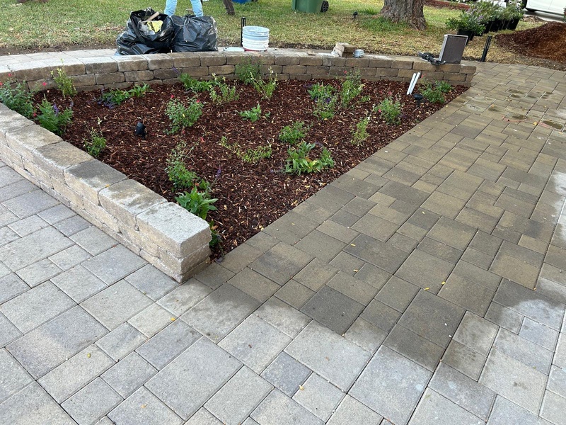 Backyard grading and drainage preparation with retaining wall, paver patio, and landscaped planting bed during a Los Angeles backyard remodel