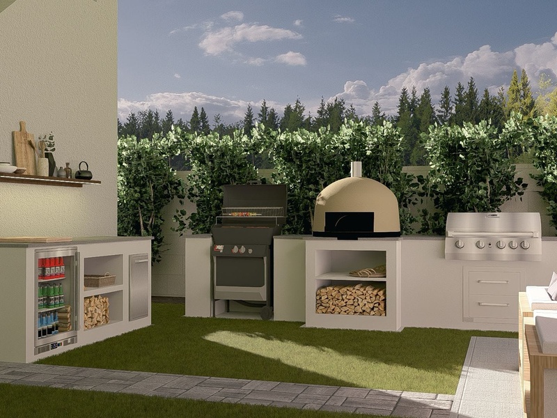 Custom outdoor kitchen design rendering with BBQ grill, pizza oven, beverage refrigerator, and storage
