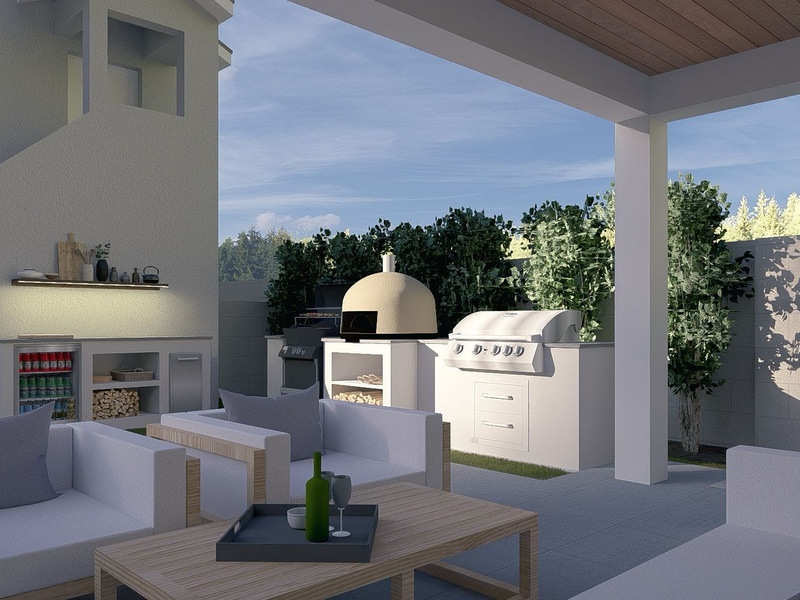 3D backyard remodel design rendering with outdoor kitchen, fire pit, artificial turf, and seating area in Los Angeles