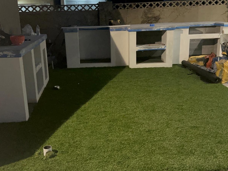 Outdoor kitchen construction progress before final finishes and appliances